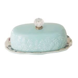 THE PIONEER WOMAN Teal Kari Turquoise Floral Bottom Butter Dish Crystal Knob